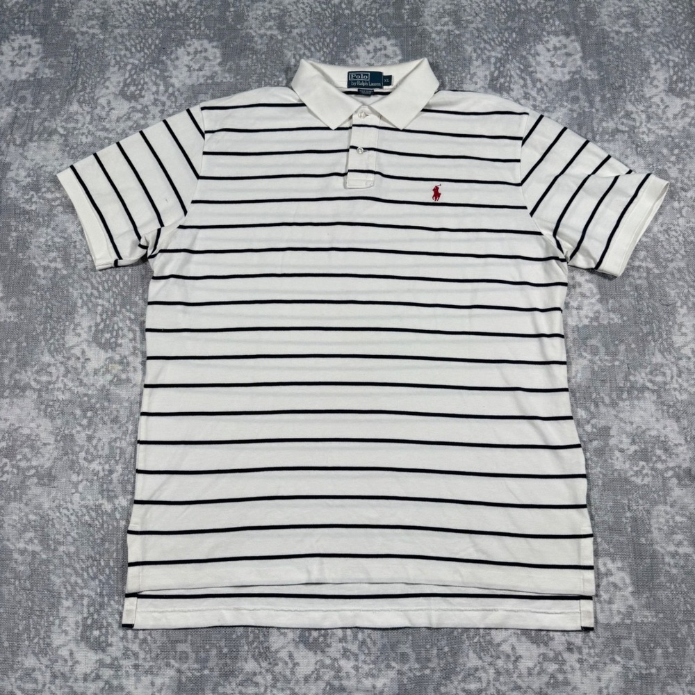 Polo Ralph Lauren Polo Shirt Mens XL White Navy Blue Striped Short Sleeve Pony